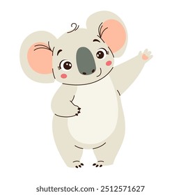 Flat vector illustration in children's style. Cute koala waving his paw on white background 