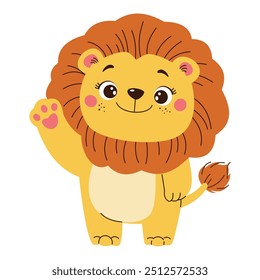 Flat vector illustration in children's style. Cute lion cub waving his paw on white background 