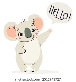 Flat vector illustration in children's style. Cute koala cub waving his paw on white background. Speech bubble and lettering hello. 