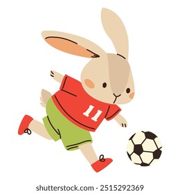 Flat vector illustration in children's style. Cute bunny in soccer uniform playing soccer