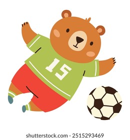 Ilustración vectorial plana en estilo infantil. Cute oso cachorro en uniforme de fútbol jugando al fútbol