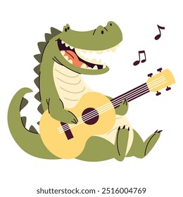 Ilustração de vetor plano no estilo infantil. Crocodilo bonito tocando guitarra. Fundo branco