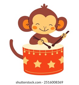 Flat vector illustration in children's style. Cute monkey playing a drum. White background