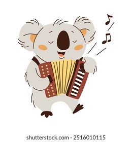 Ilustración vectorial plana en estilo infantil. Lindo koala tocando acordeón. El fondo blanco