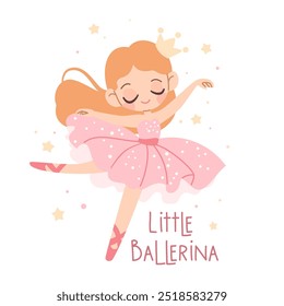 Flat vector illustration in children's style. Cute ballerina dancing on white background. Print to print, lettering a little ballerina  