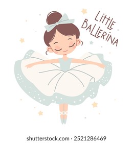 Ilustração de vetor plano no estilo infantil. Bailarina bonita dançando sobre fundo branco. Imprimir para imprimir, inserindo uma pequena bailarina 