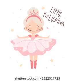 Ilustração de vetor plano no estilo infantil. Bailarina bonita dançando sobre fundo branco. Imprimir para imprimir, inserindo uma pequena bailarina 