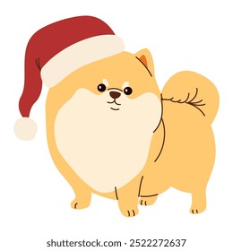 Flat vector illustration in children's style. Cute spitz in santa claus hat. Christmas illustration