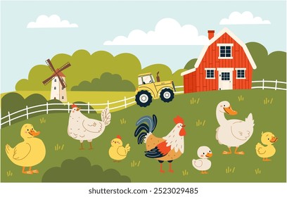 Flache Vektorgrafik im Kinderstil. Feld- und Bauernlandschaft, Hausvögel, Hähnchen Hahn Ente Gans Gans Huhn Entlein Gans Entlein Gans Küken