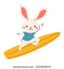 Ilustração de vetor plano no estilo infantil. Coelhinho bonito andando na prancha de surfe