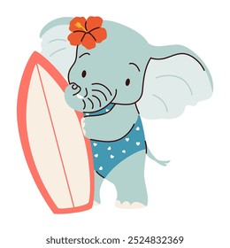 Flat vector illustration in children's style. Cute elephant holding a surfboard board