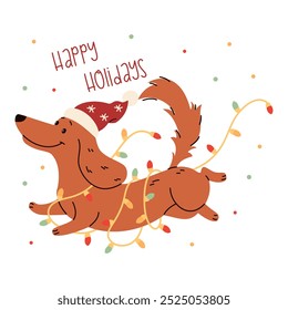 Flat vector illustration in children's style. Cute dachshund in Santa Claus hat running tangled in a garland. Christmas illustration, lettering happy holidays