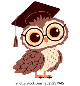 Flat vector illustration in children's style. Cute owl with graduation cap and glasses on white background 
