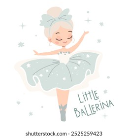 Flat vector illustration in children's style. Cute ballerina dancing on white background. Print to print, lettering a little ballerina 