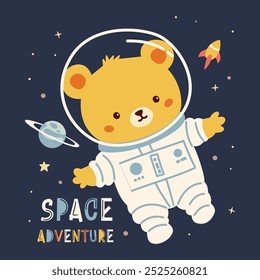 Flat vector illustration in children's style. Cute bear cub in spacesuit flying in space, stars and planets. Adventure Space Inscription 