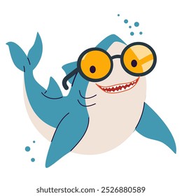 Flat vector illustration in children's style, print on children's products. Cute shark with sunglasses 