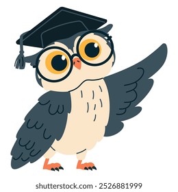 Ilustração de vetor plano no estilo das crianças sobre o tema de aprendizagem e escola. Coruja bonito na tampa de graduação aponta algo com asa 