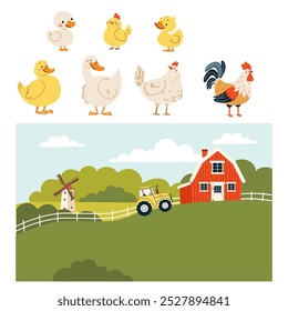 Ilustração de vetor plano no estilo infantil. Paisagem de campo e fazenda, aves domésticas, galo galo pato ganso ganso galinha pato ganso pato pato ganso pato