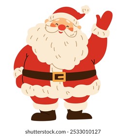 Ilustración vectorial plana en estilo infantil. Lindo Santa Claus agitando su mano. Ilustración de Festiva sobre fondo blanco 