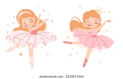 Ilustración vectorial plana en estilo infantil. Dos bailarinas lindas en vestidos rosas, bailando alrededor de las estrellas