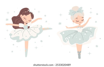 Ilustração de vetor plano no estilo infantil. Duas bailarinas bonitas em vestidos azuis dançando, ao redor das estrelas