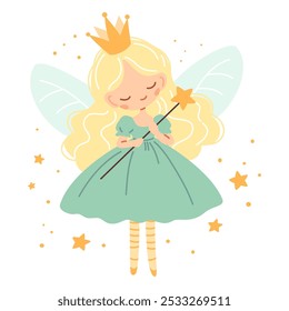 Ilustração de vetor plano no estilo infantil. Linda princesa fada com varinha mágica no fundo branco 