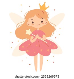 Flat vector illustration in children's style. Cute fairy princess with magic wand on white background 