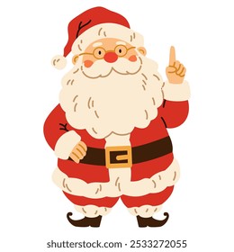 Flat vector illustration in children's style. Cute santa claus pointing with his hand. Christmas illustration on white background. 