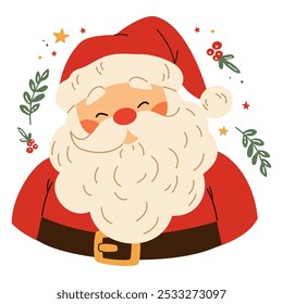 Ilustración vectorial plana en estilo infantil. Retrato de linda santa claus. Ilustración de Navidades sobre fondo blanco. 