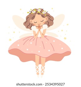 Flat vector illustration in children's style. Cute fairy princess on white background 