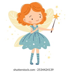 Flat vector illustration in children's style. Cute fairy princess with magic wand on white background 