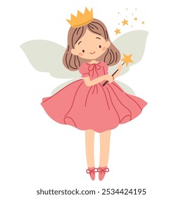 Flat vector illustration in children's style. Cute fairy princess with magic wand on white background 
