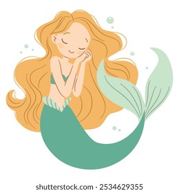 Flat vector illustration in children's style. Cute mermaid with long hair on white background