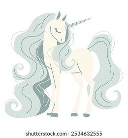 Ilustración vectorial plana en estilo infantil. Unicornio azul lindo con melena larga sobre fondo blanco 