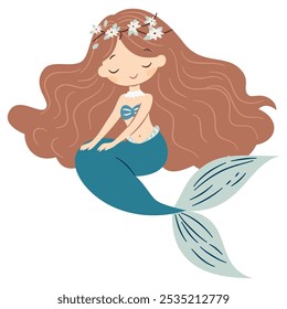 Flat vector illustration in children's style. Cute mermaid with long hair on white background