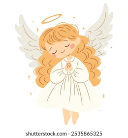 Flat vector illustration in children's style. Cute little angel praying. Children's illustration on white background