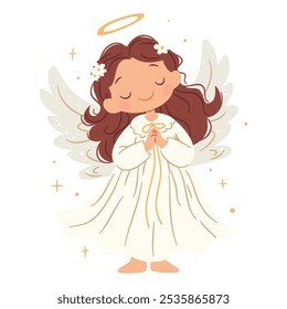 Flat vector illustration in children's style. Cute little angel praying. Children's illustration on white background