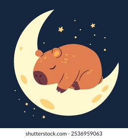 Ilustración vectorial plana en estilo infantil sobre fondo oscuro. Lindo capibara durmiendo en la luna. noche y estrellas 