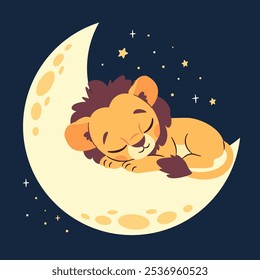 Flat vector illustration in children's style on dark background. Cute lion cub sleeping on the moon, night and stars