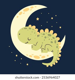 Flat vector illustration in children's style on dark background. Cute dinosaur sleeping on the moon, night and stars