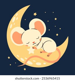 Flat vector illustration in children's style on dark background. Cute mouse sleeping on the moon, night and stars