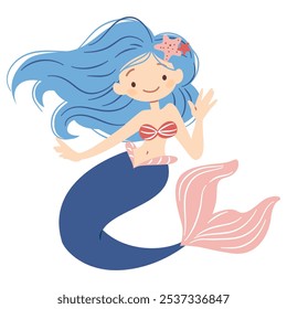 Flat vector illustration in children's style. Cute mermaid waving her hand, white background 