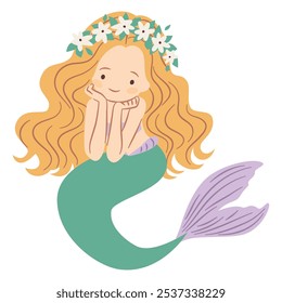 Flat vector illustration in children's style. Cute mermaid with long hair on white background