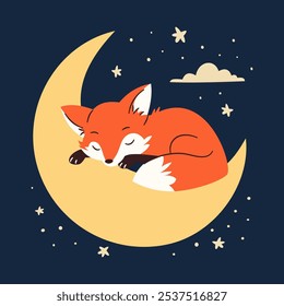 Flat vector illustration in children's style on dark background. Cute fox sleeping on the moon, night and stars