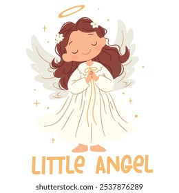 Ilustración vectorial plana en estilo infantil. Lindo angelito rezando. Ilustración de los niños en el fondo blanco, pequeño ángel de letras