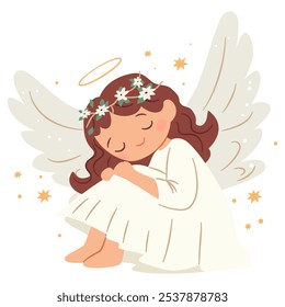 Flat vector illustration in children's style. Cute little angel praying. Children's illustration on white background