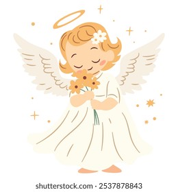 Flat vector illustration in children's style. Cute little angel praying. Children's illustration on white background