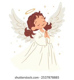 Flat vector illustration in children's style. Cute little angel praying. Children's illustration on white background