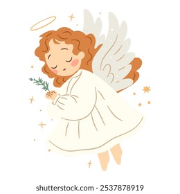 Flat vector illustration in children's style. Cute little angel praying. Children's illustration on white background