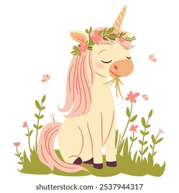 Ilustración vectorial plana en estilo infantil. Lindo unicornio sentado en un prado y comiendo hierba, corona de flores en su cabeza, fondo blanco 